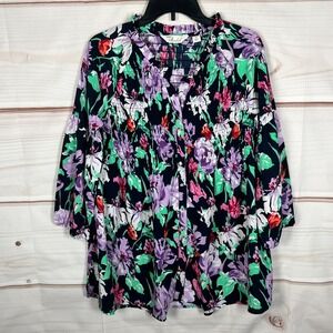 Caffe Marrakesh Top‎ Womens Medium Multicolor Blouse Smocked Tunic Button Up
